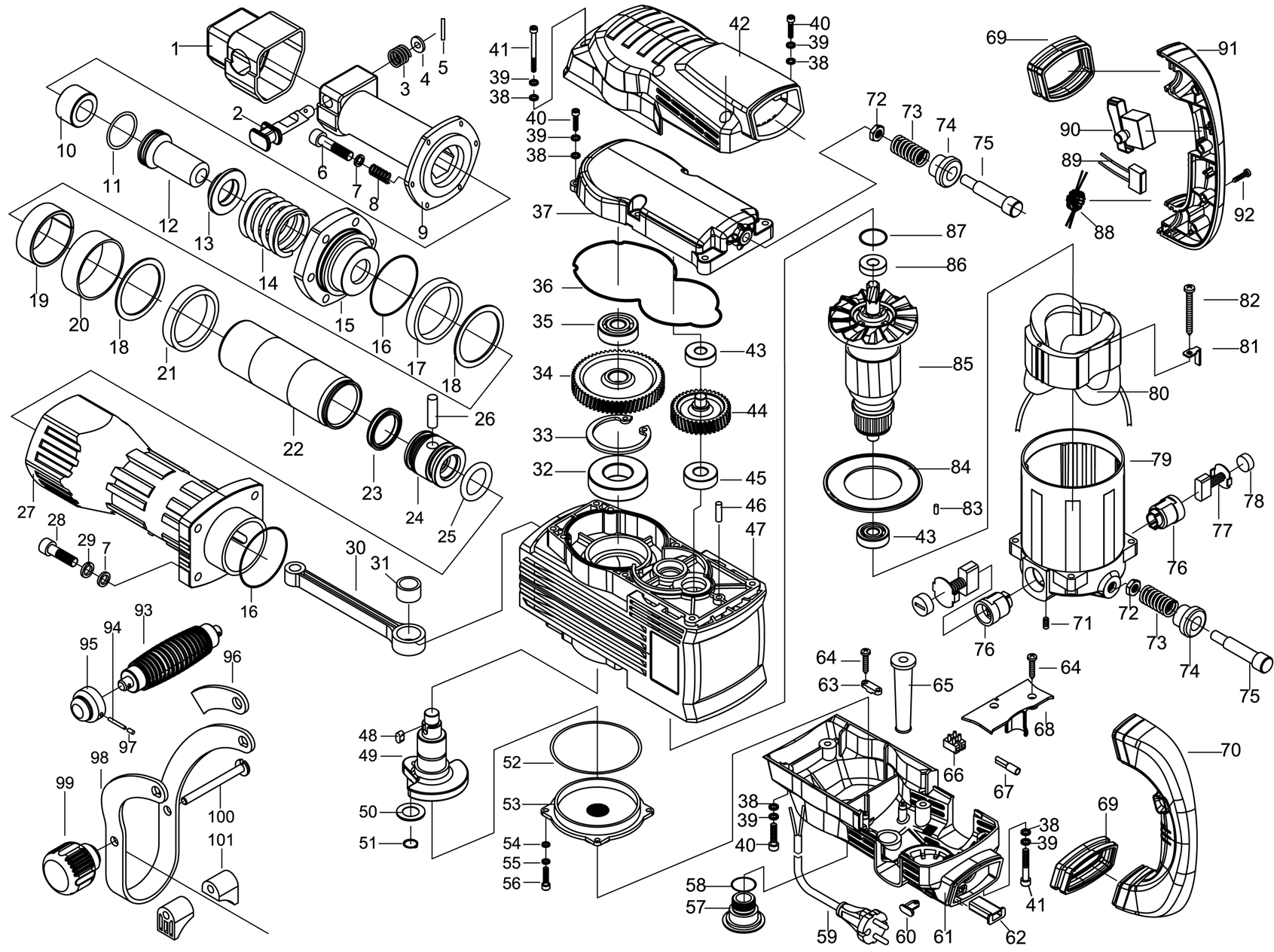 ЗУБР Бетонолом, 35 Дж, 1600 Вт, АВТ, отбойный молоток HEX-30, Профессионал (ЗМ-35-1600 ВК) - разборная схема